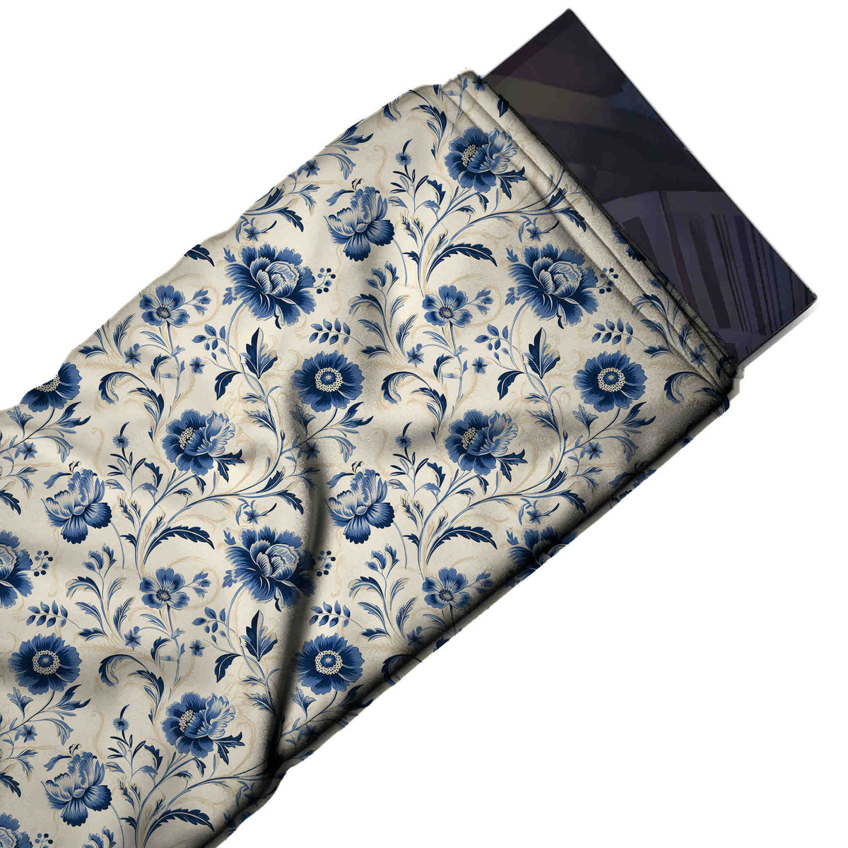 Flat fabric swatch: all-over medium-scale floral of shaded indigo poppies, design Design No_4550, Clothwala