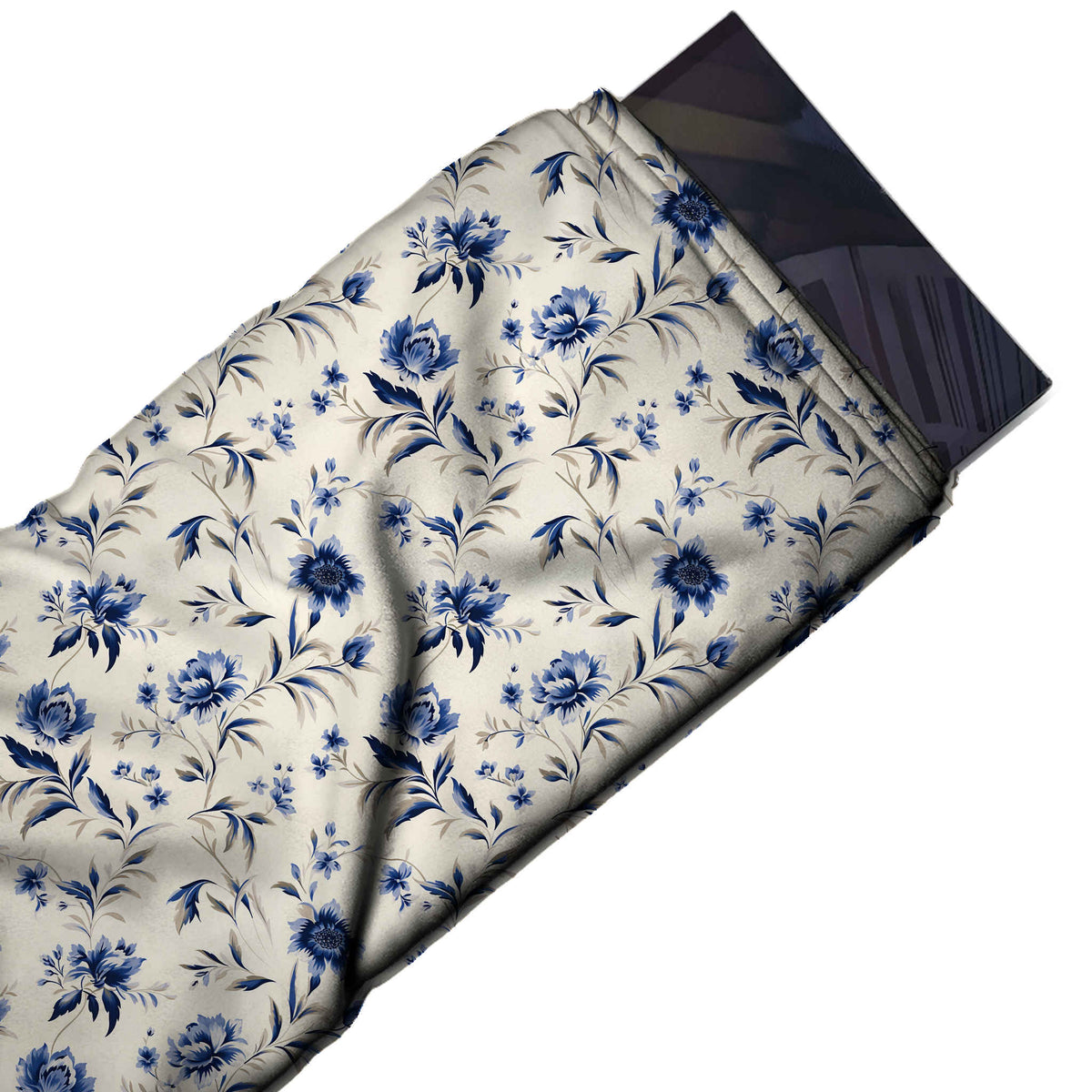 Flat fabric swatch: airy all-over small-scale floral of indigo ruffled blooms and tiny, design Design No_4574, Clothwala