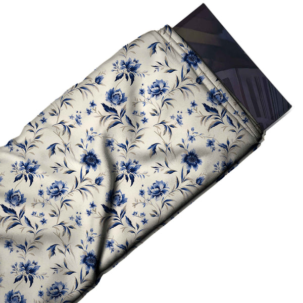 Cream & Indigo Blue Sprig Trail Printed Pure Natural Crepe Fabric
