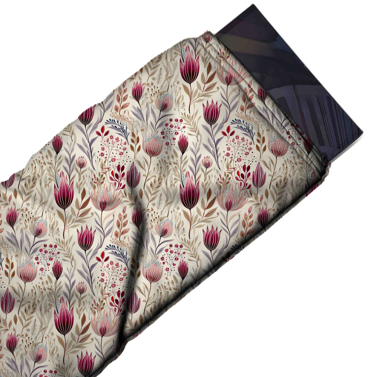Flat fabric swatch: all-over one-way small-scale floral of magenta and maroon tulip buds on fine, design 3563, Clothwala