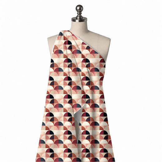 Cream & Maroon Colour-Block Semicircles Printed French Crepe Fabric