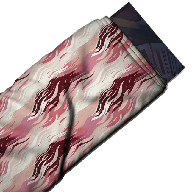 Flat fabric swatch: all-over diagonal layout of large clusters of maroon flame-like, design Design No_3941, Clothwala