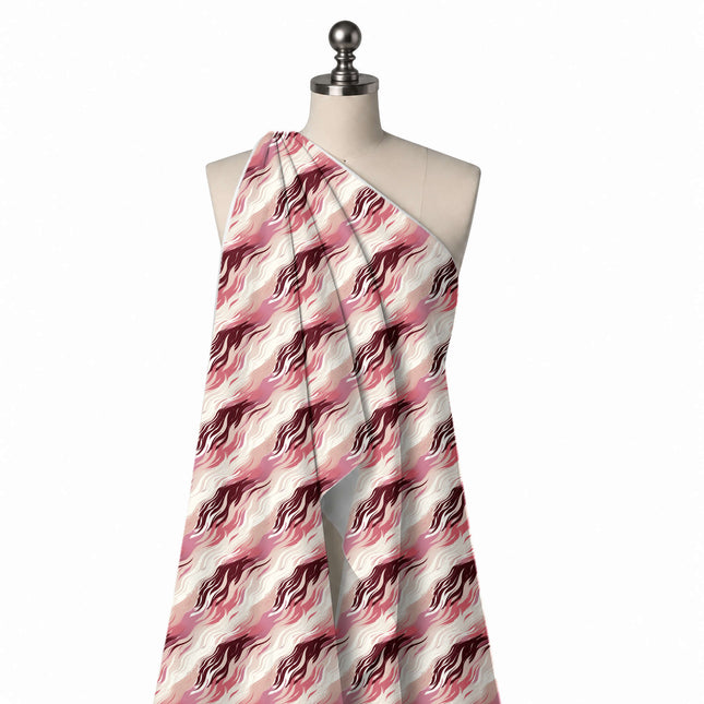 Draped on a mannequin: all-over diagonal layout of large clusters of maroon flame-like, design Design No_3941, Clothwala