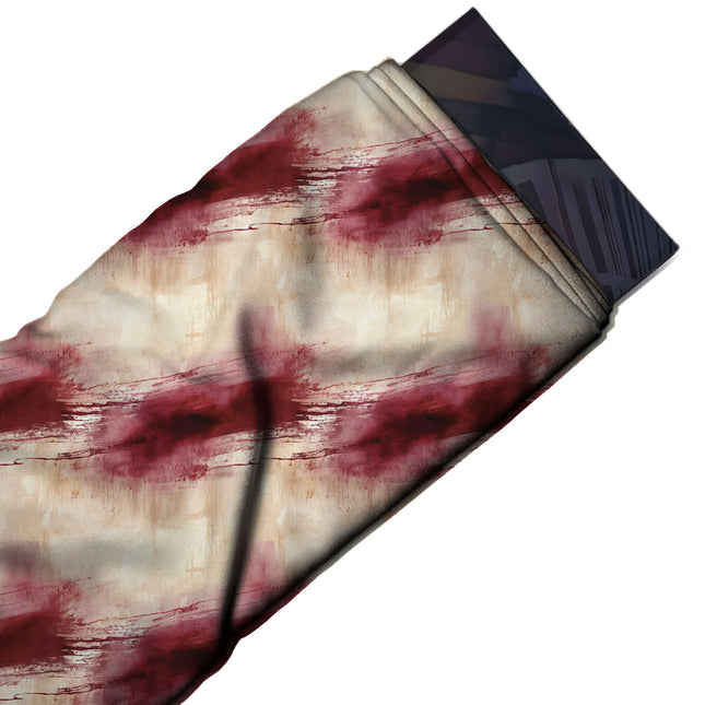 Flat fabric swatch: rows of large maroon dry-brush smears with splatter and fine scratch, design Design No_3949, Clothwala