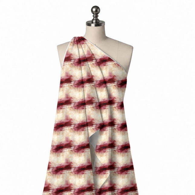 Draped on a mannequin: rows of large maroon dry-brush smears with splatter and fine, design Design No_3949, Clothwala