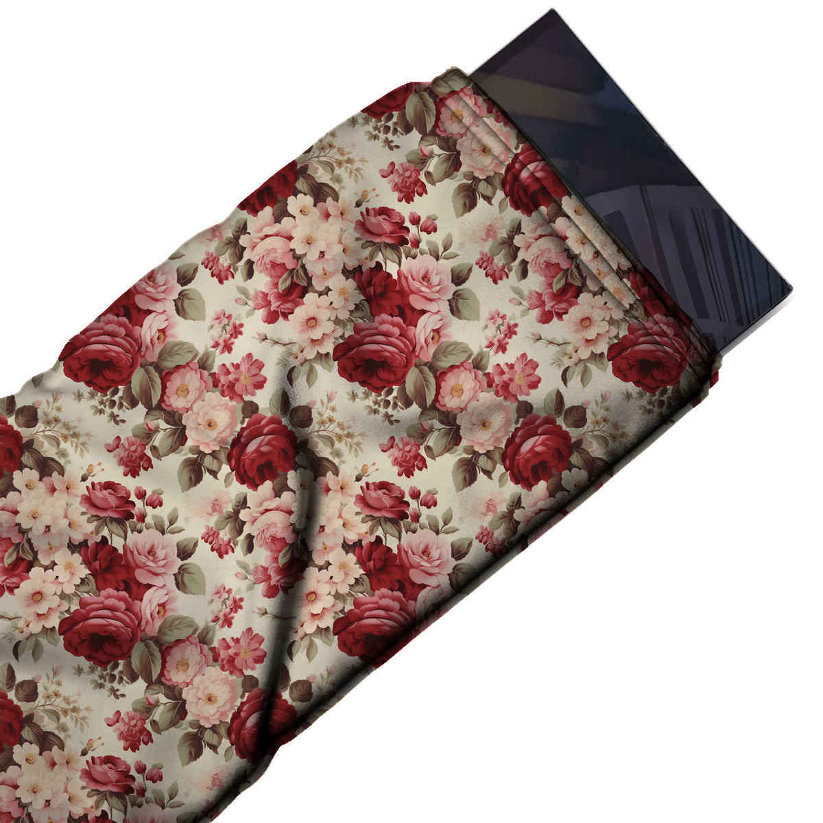 Flat fabric swatch: dense all-over layout of maroon and deep red roses surrounded by clusters, design 3614, Clothwala