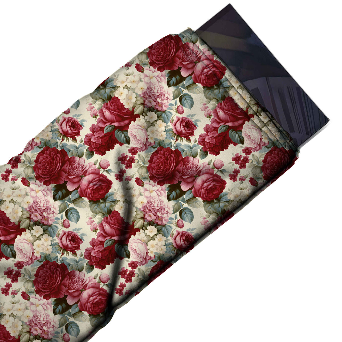 Flat fabric swatch: dense all-over layout of maroon, design 3618, Clothwala