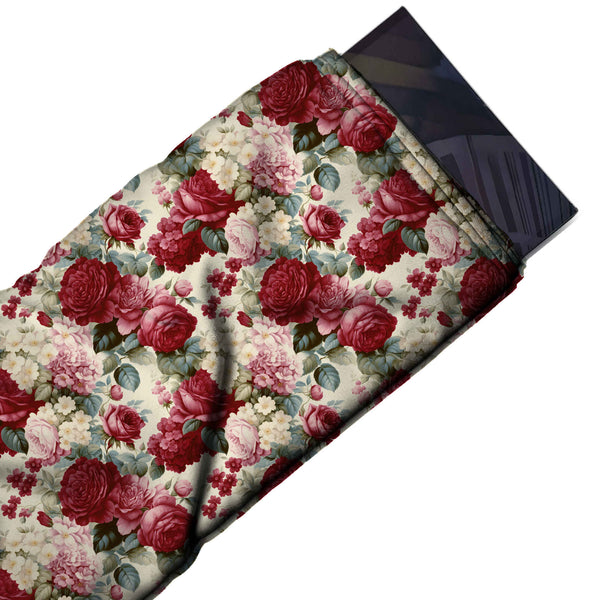 Cream & Maroon Rose & Hydrangea Cluster Printed Armani Satin Fabric
