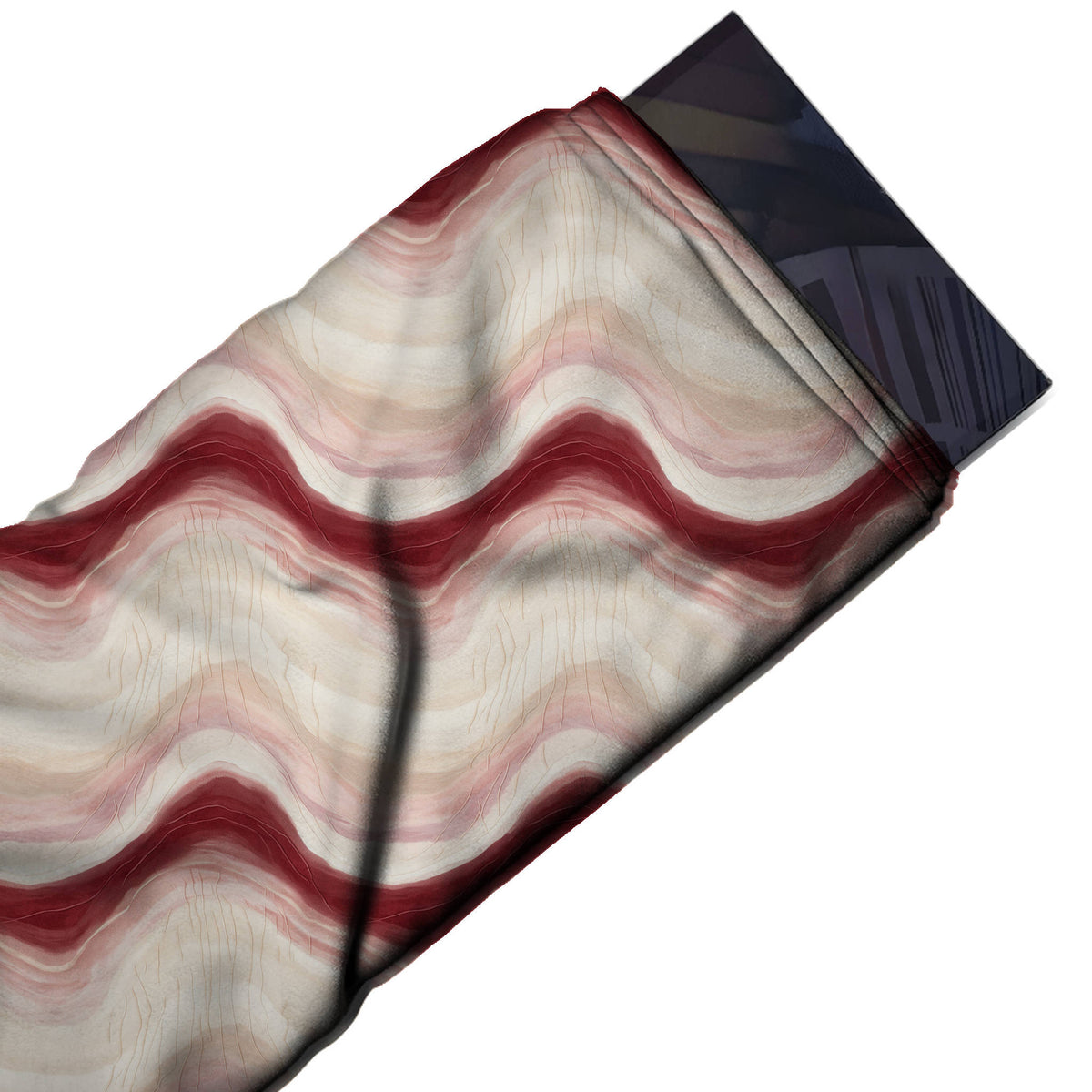 Flat fabric swatch: horizontal wave-band layout with one bold maroon undulating band, design Design No_3945, Clothwala