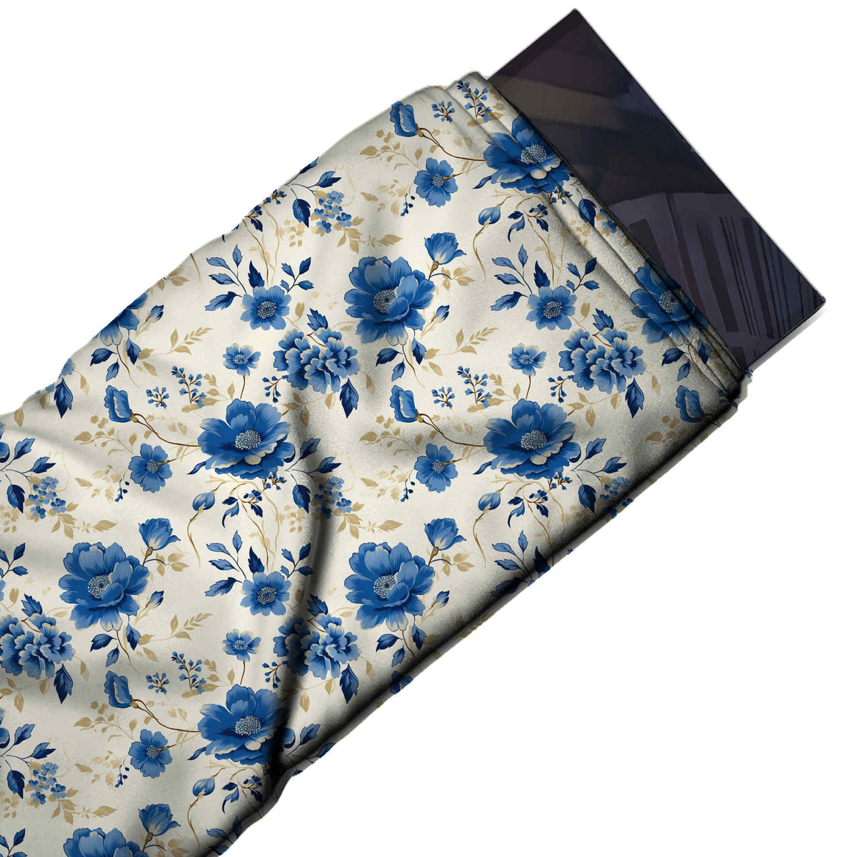 Flat fabric swatch: spaced all-over medium-scale floral of mid-blue peonies, design Design No_4577, Clothwala