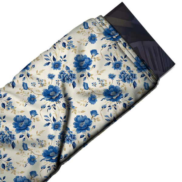 Cream & Mid Blue Peony & Tan Sprig Printed Pure Natural Crepe Fabric