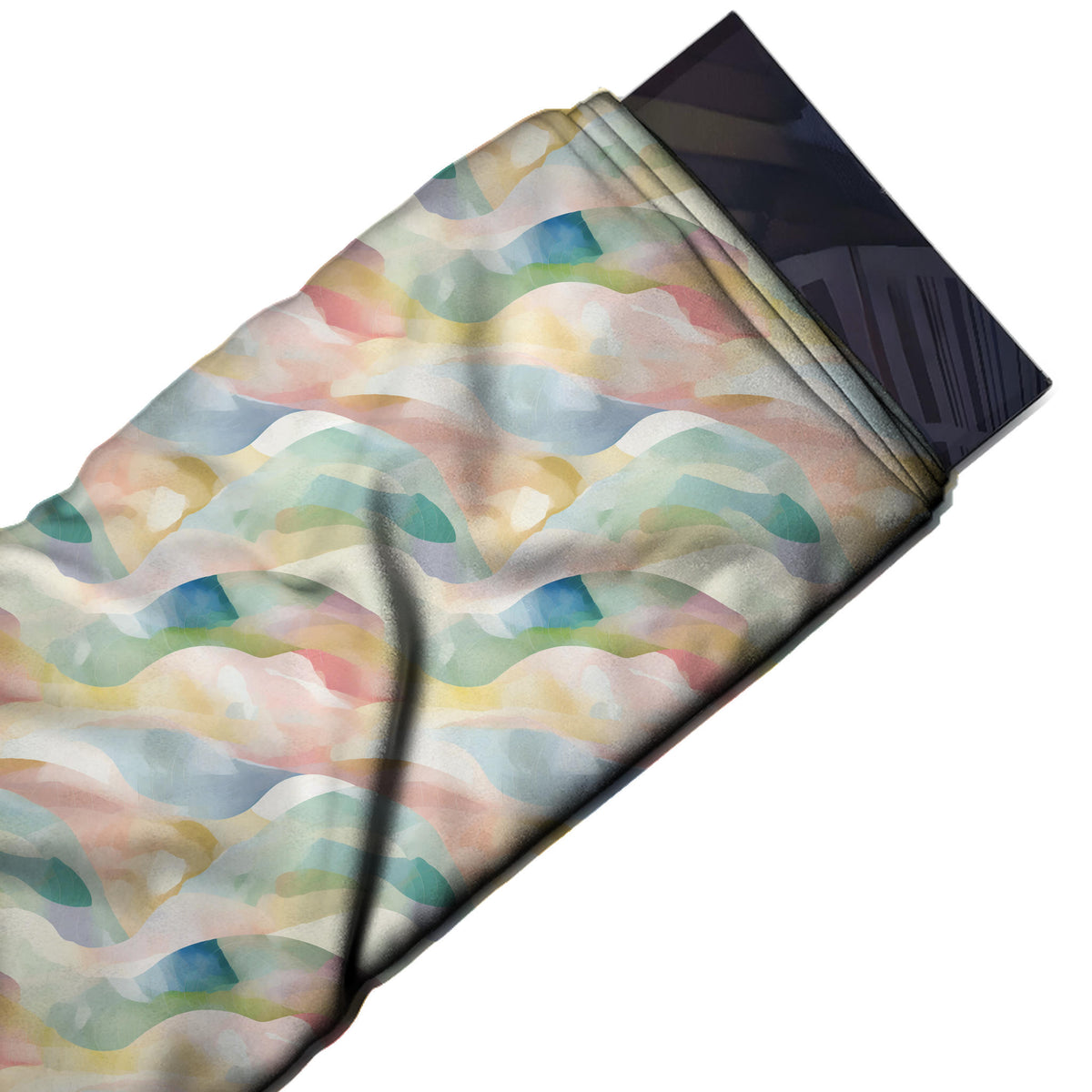Flat fabric swatch: all-over horizontal flow of large translucent watercolour wave shapes, design Design No_4215, Clothwala