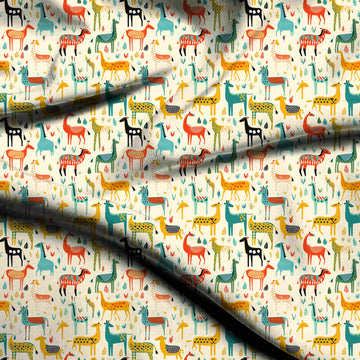 Cream & Mustard Orange Folk Horse & Llama Printed Spandex Fabric