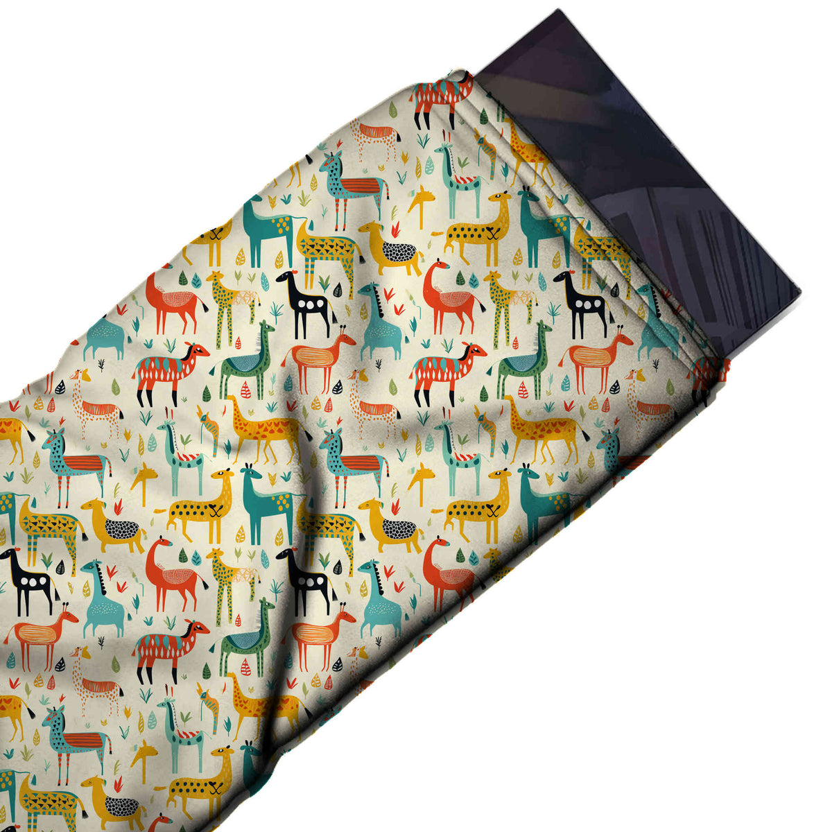 Flat fabric swatch: all-over one-way print of small naive-style horses, llamas, design Design No_3899, Clothwala