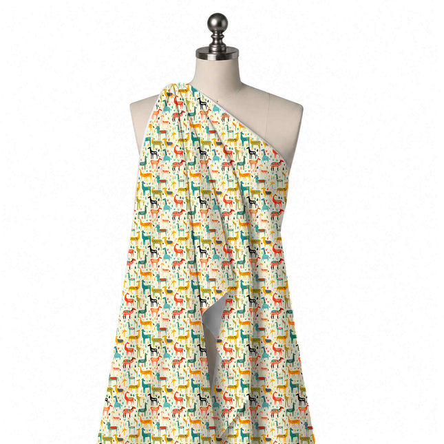 Draped on a mannequin: all-over one-way print of small naive-style horses, llamas, design Design No_3899, Clothwala