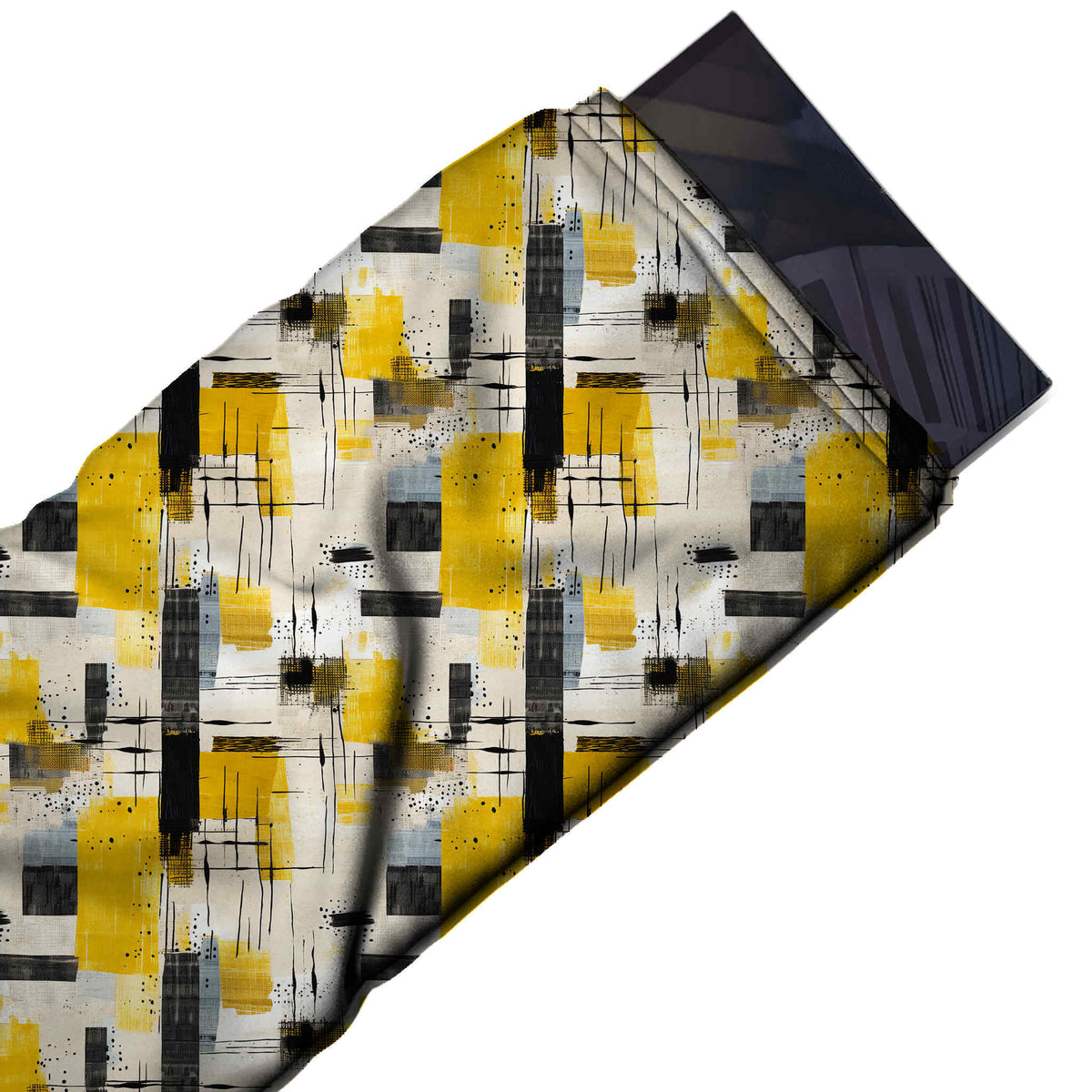 Flat fabric swatch: all-over painterly abstract of mustard yellow brushed blocks with, design Design No_4067, Clothwala