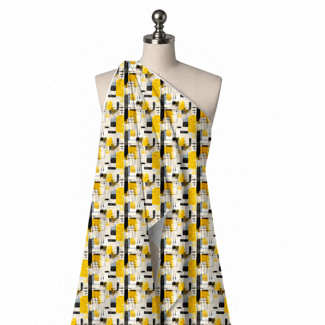 Draped on a mannequin: all-over painterly abstract of mustard yellow brushed blocks with, design Design No_4067, Clothwala