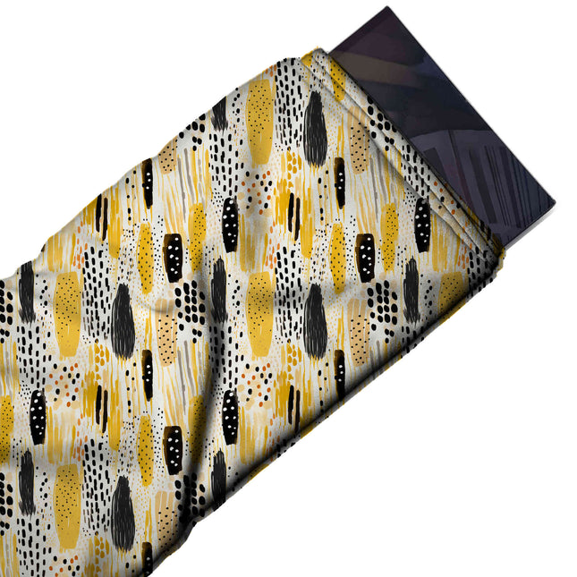 Flat fabric swatch: dense all-over abstract of vertical oval brush dabs in mustard yellow, design Design No_4080, Clothwala