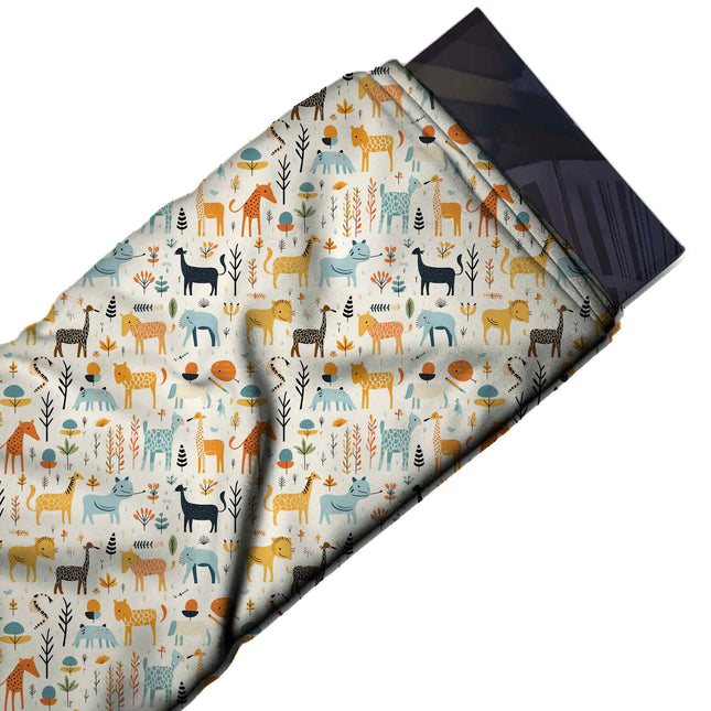 Flat fabric swatch: all-over one-way print of small naive-style giraffes, elephants, design Design No_3890, Clothwala
