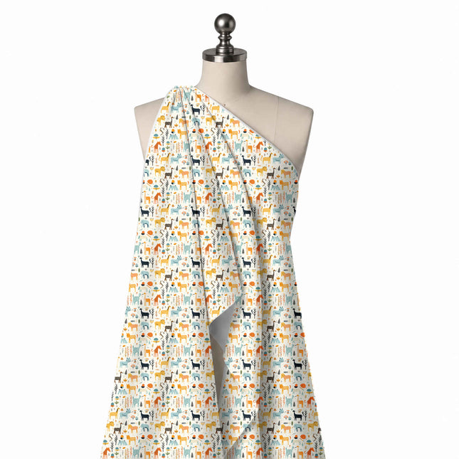Draped on a mannequin: all-over one-way print of small naive-style giraffes, elephants, design Design No_3890, Clothwala