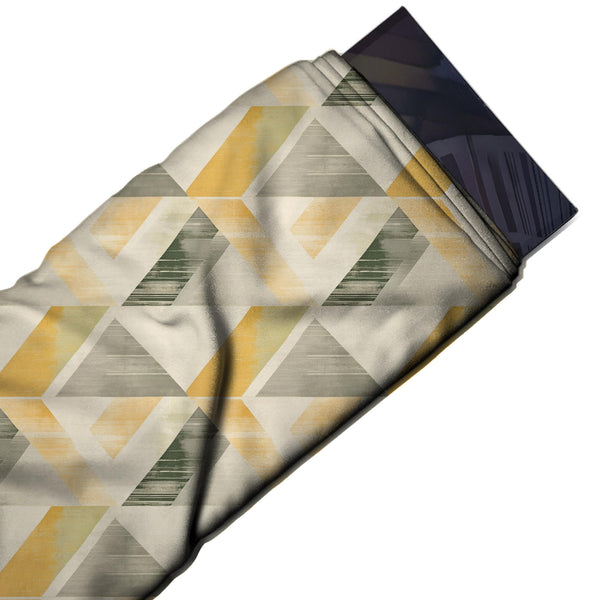 Cream & Mustard Yellow Pyramid & Slanted Bands Printed Pure Natural Crepe Fabric