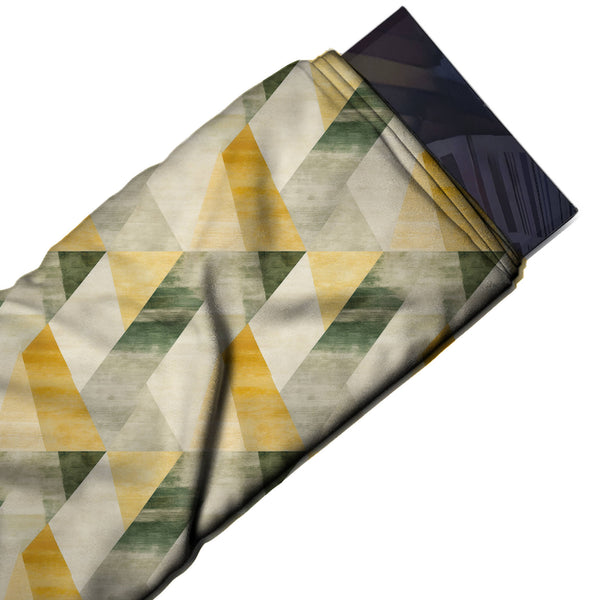 Cream & Mustard Yellow Washed Triangle & Band Printed Pure Natural Crepe Fabric