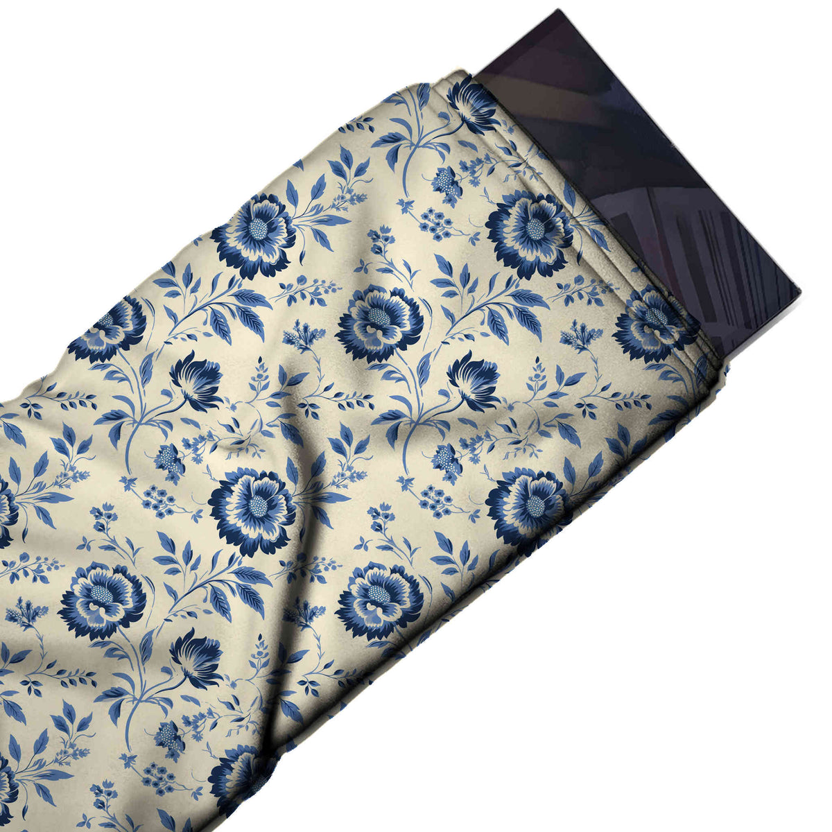 Flat fabric swatch: spaced all-over floral of medium-scale round navy blooms with, design Design No_4567, Clothwala