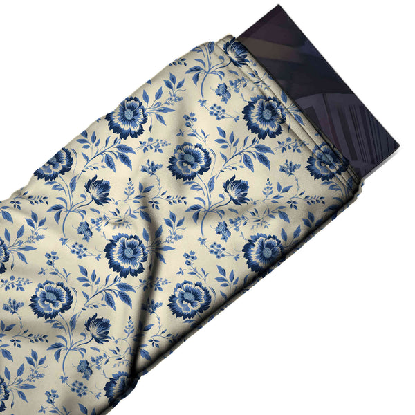 Cream & Navy Blue Carnation Vine Printed Pure Natural Crepe Fabric