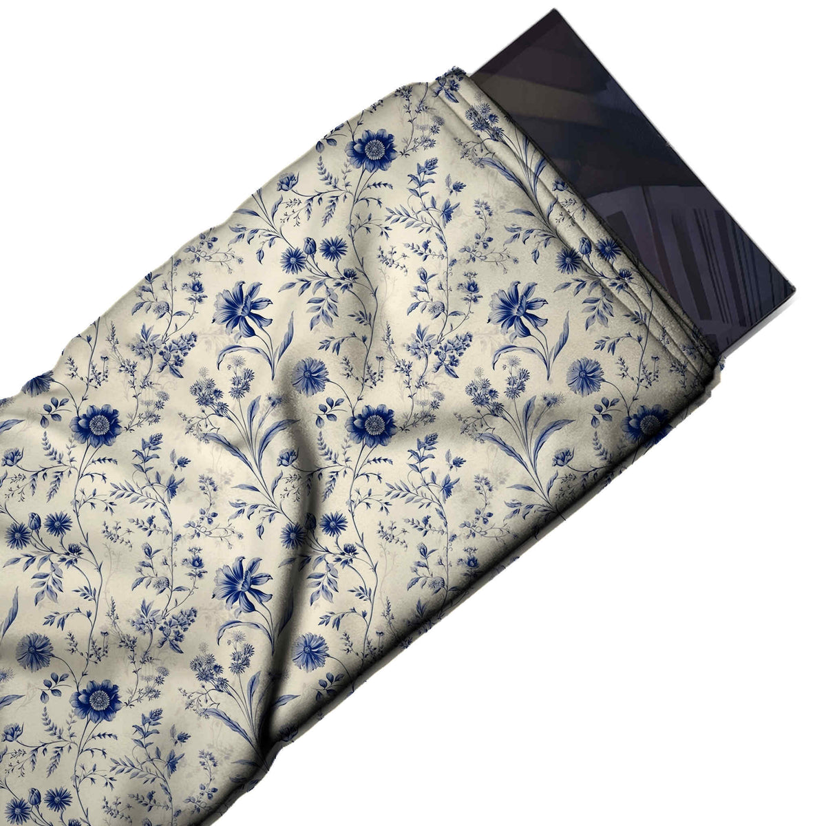 Flat fabric swatch: all-over trailing layout of small navy and indigo cornflowers, design 3590, Clothwala