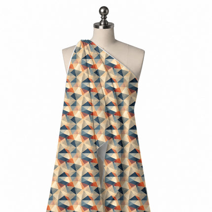Cream & Navy Blue Faceted Triangle Mosaic Print Fabric — close-up of the print, design 3493, Clothwala
