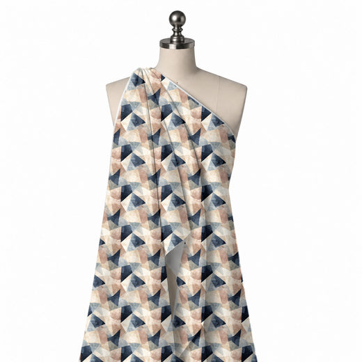 Cream & Navy Blue Layered Watercolour Polygons Printed Chiffon Fabric