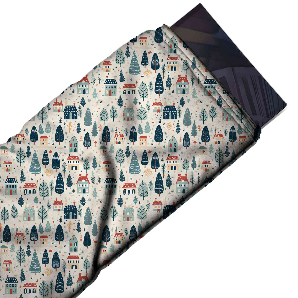 Flat fabric swatch: one-way all-over Scandinavian-style print of small navy oval trees, design Design No_4649, Clothwala