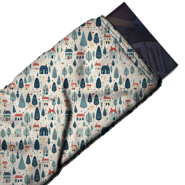Cream & Navy Blue Nordic Trees & Houses Printed Pure Natural Crepe Fabric