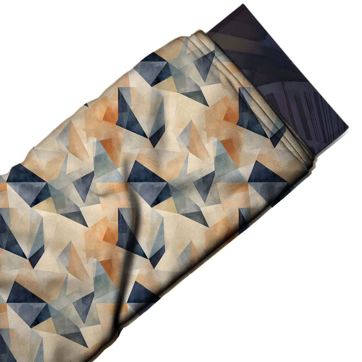Flat fabric swatch: all-over geometric of tossed watercolour triangles and kite shapes, design 3521, Clothwala
