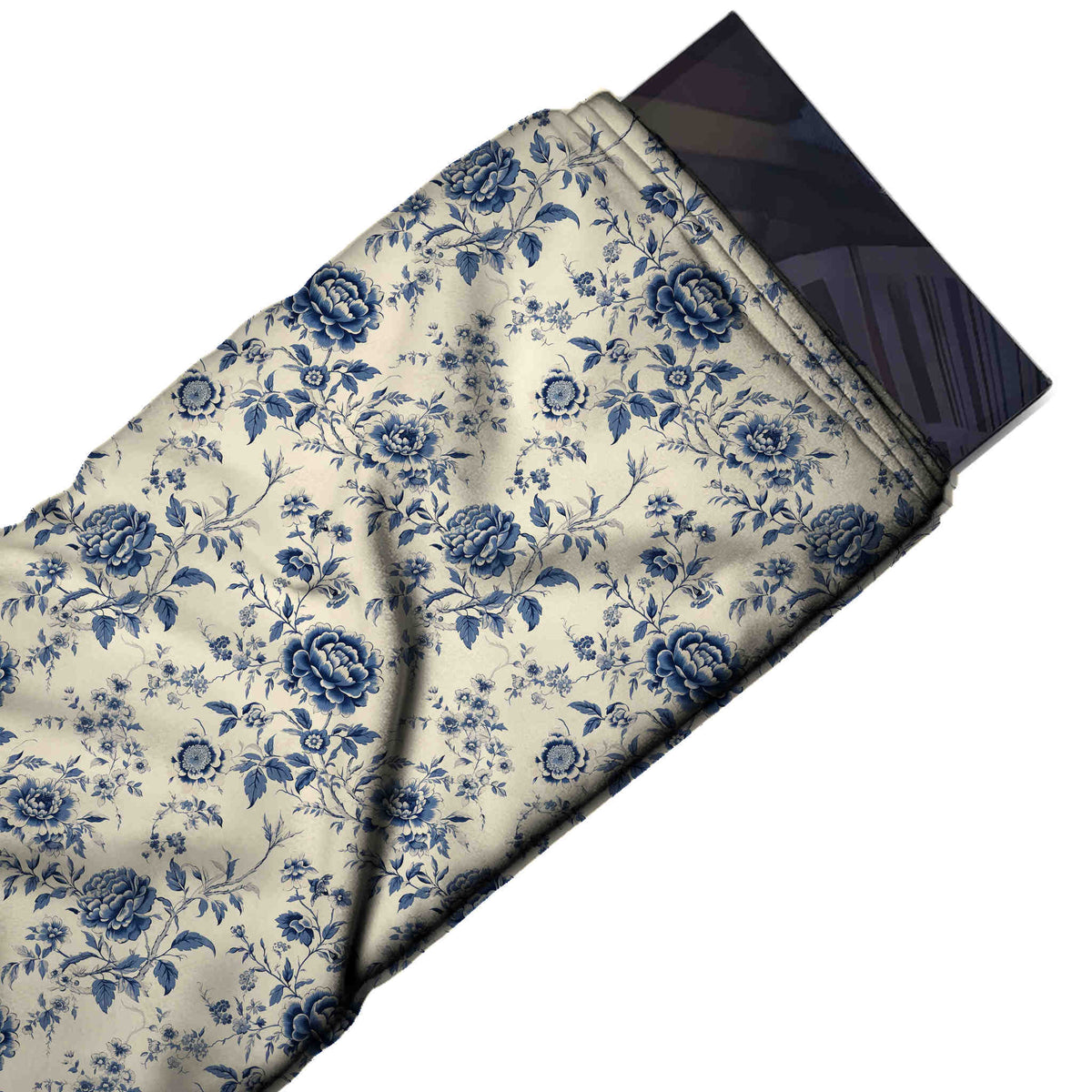 Flat fabric swatch: all-over layout of navy and slate blue peonies on thin curving branches, design 3604, Clothwala