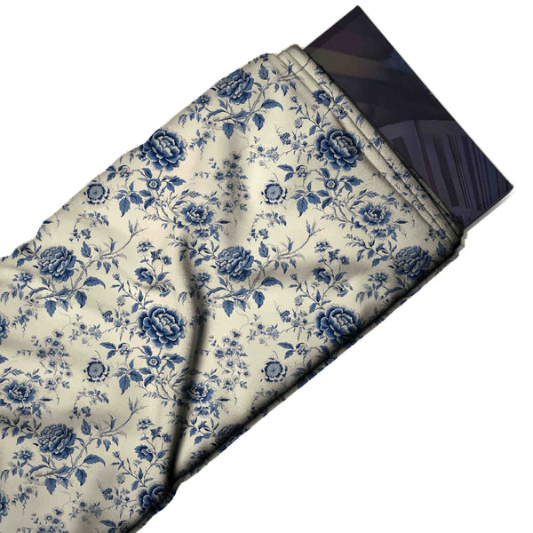 Cream & Navy Blue Peony Branch Printed Armani Satin Fabric