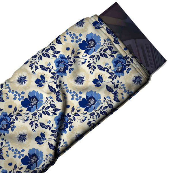 Cream & Navy Blue Poppy & Sand Bloom Printed Pure Natural Crepe Fabric