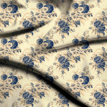 Cream & Navy Blue Rose Bouquet Printed Armani Satin Fabric