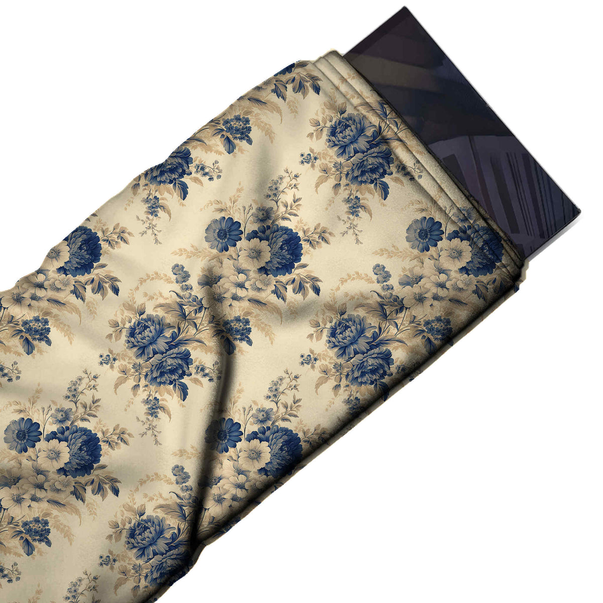 Flat fabric swatch: half-drop layout of spaced bouquets with navy and slate blue roses and daisies, design 3591, Clothwala