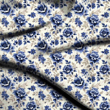 Cream & Navy Blue Rose & Taupe Leaf Printed Pure Natural Crepe Fabric
