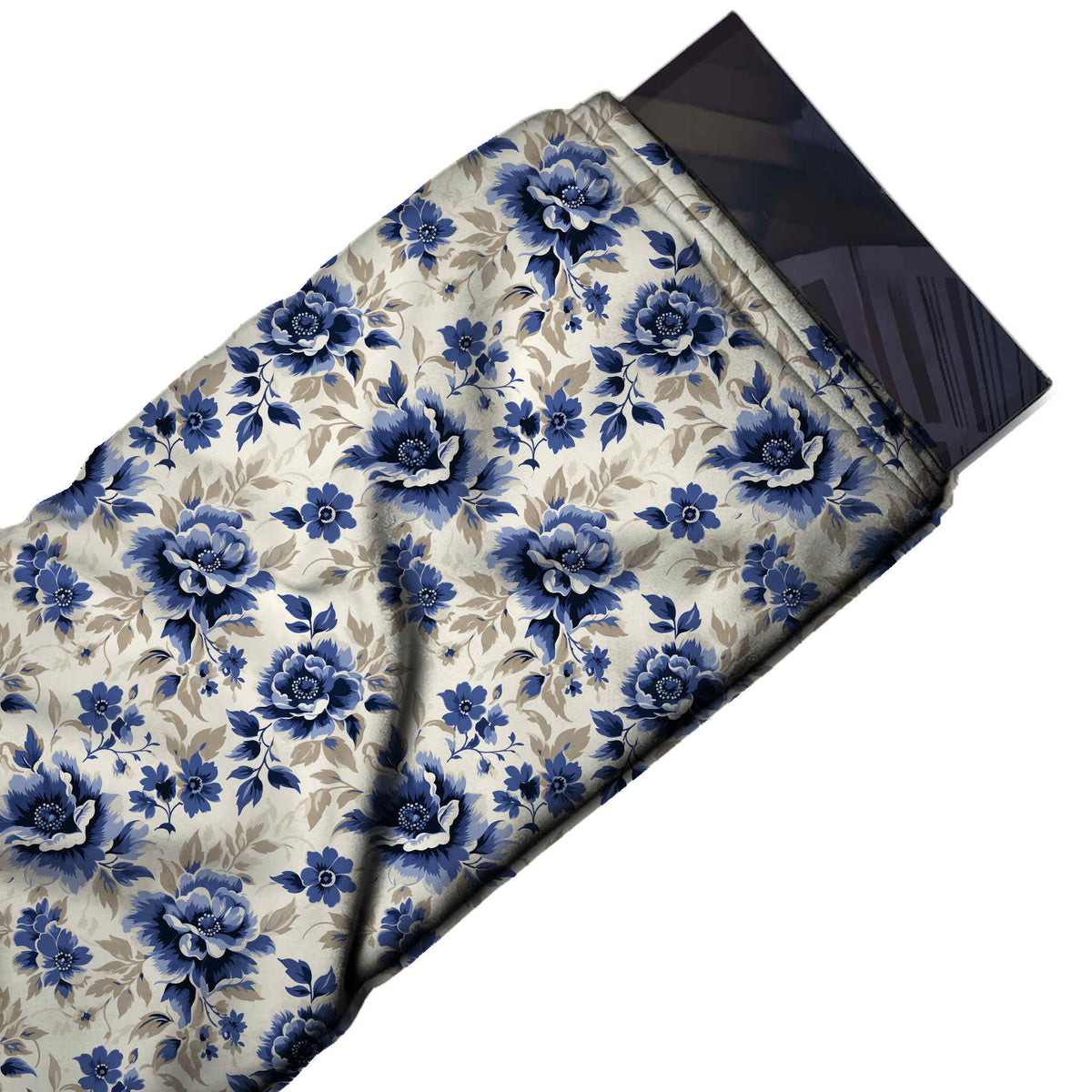 Flat fabric swatch: dense all-over floral of medium-scale shaded navy roses and open, design Design No_4541, Clothwala