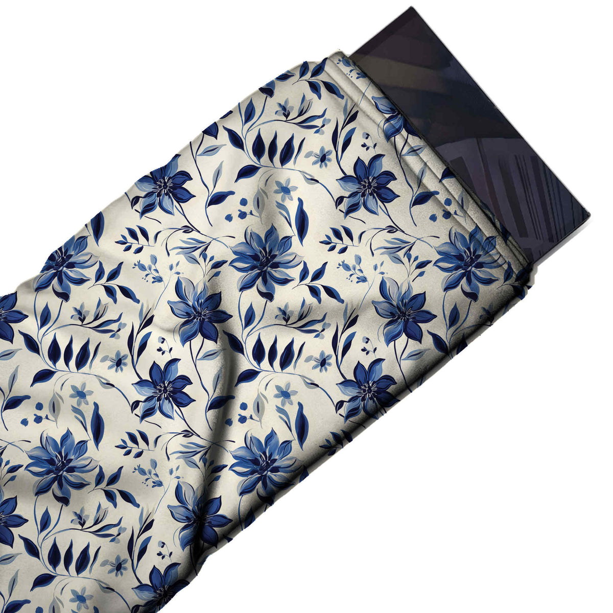 Flat fabric swatch: all-over medium-scale floral of pointed-petal navy and mid-blue blooms, design Design No_4540, Clothwala