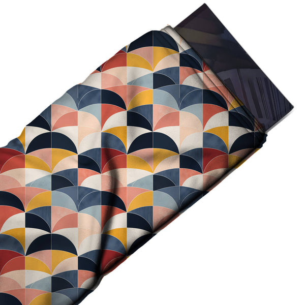 Cream & Navy Segmented Dome Arches Printed French Crepe Fabric