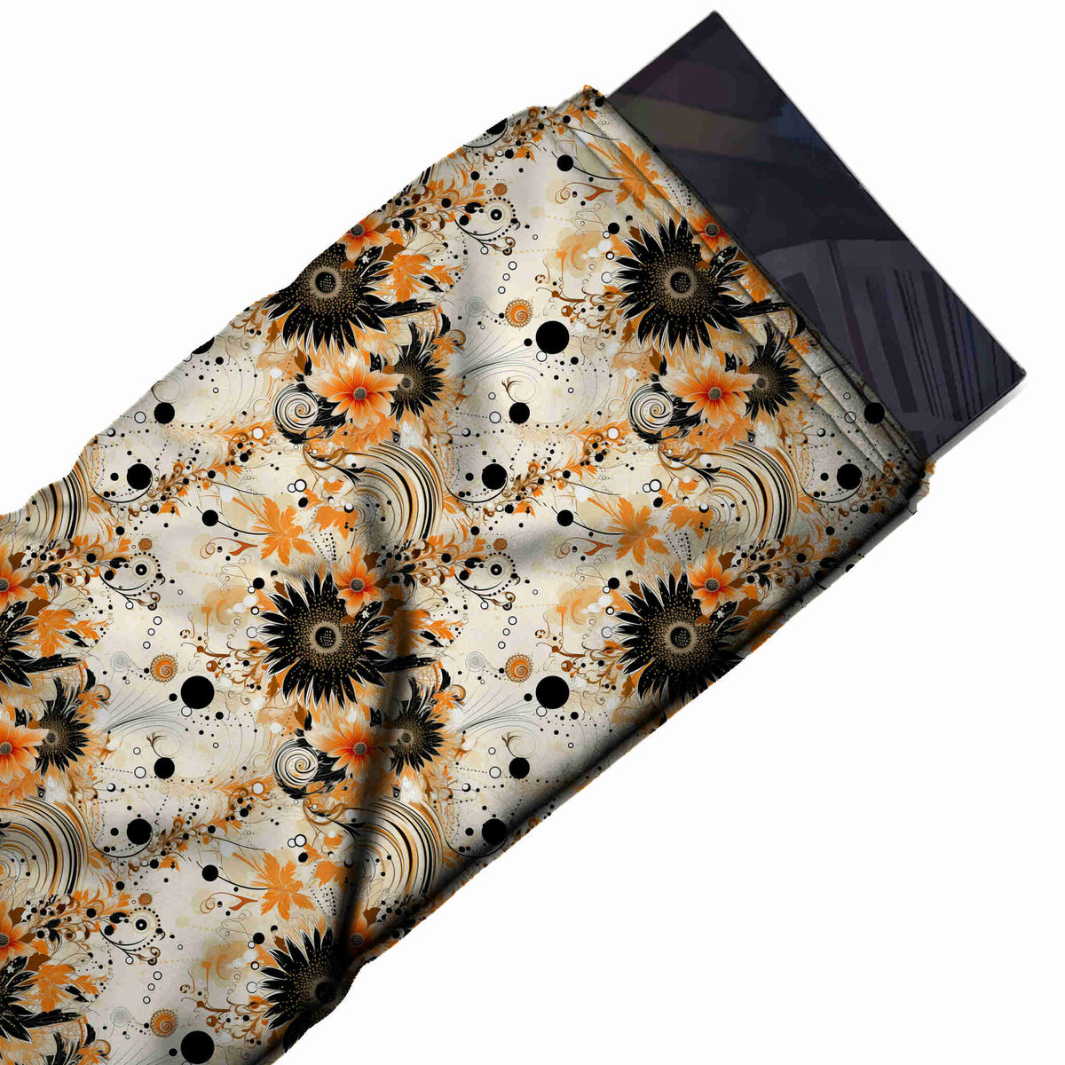 Flat fabric swatch: busy all-over floral of medium black sunflower-like blooms and orange, design Design No_4373, Clothwala