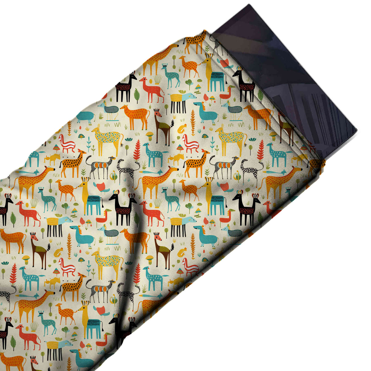 Flat fabric swatch: all-over one-way print of small naive-style spotted giraffes, deer, design Design No_3893, Clothwala