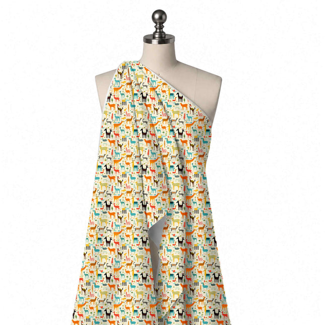 Draped on a mannequin: all-over one-way print of small naive-style spotted giraffes, deer, design Design No_3893, Clothwala