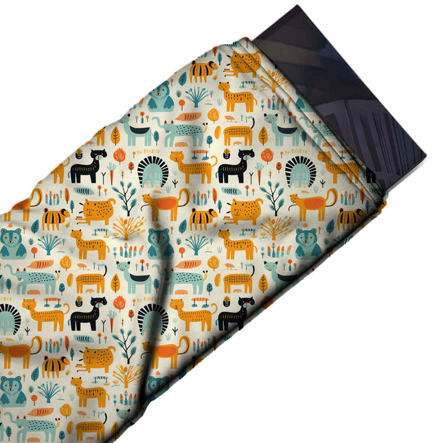 Flat fabric swatch: dense all-over one-way print of small flat-coloured tigers, design Design No_3891, Clothwala