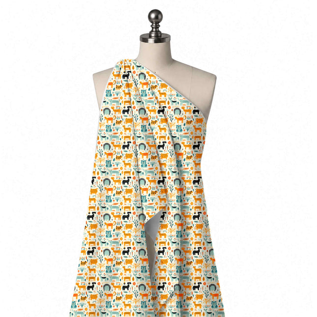 Draped on a mannequin: closely packed one-way rows of small naive-style orange tigers and, design Design No_3892, Clothwala