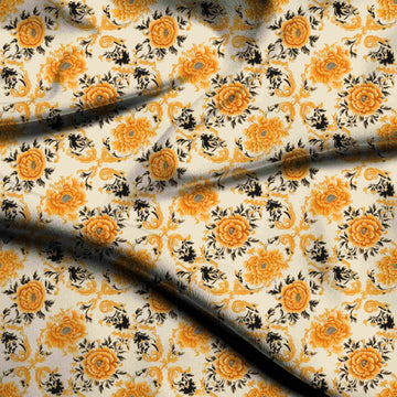 Cream & Orange Peony & Baroque Scroll Printed French Crepe Fabric
