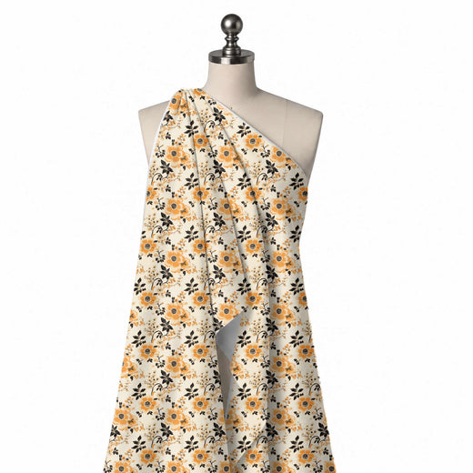 Cream & Orange Poppy Sprigs Printed French Crepe Fabric